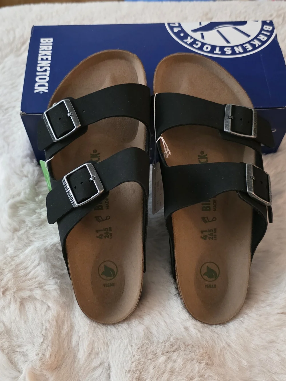 Birkenstock Men 8 Ladies 10  Black Two-Strap Vegan Leather Sandals